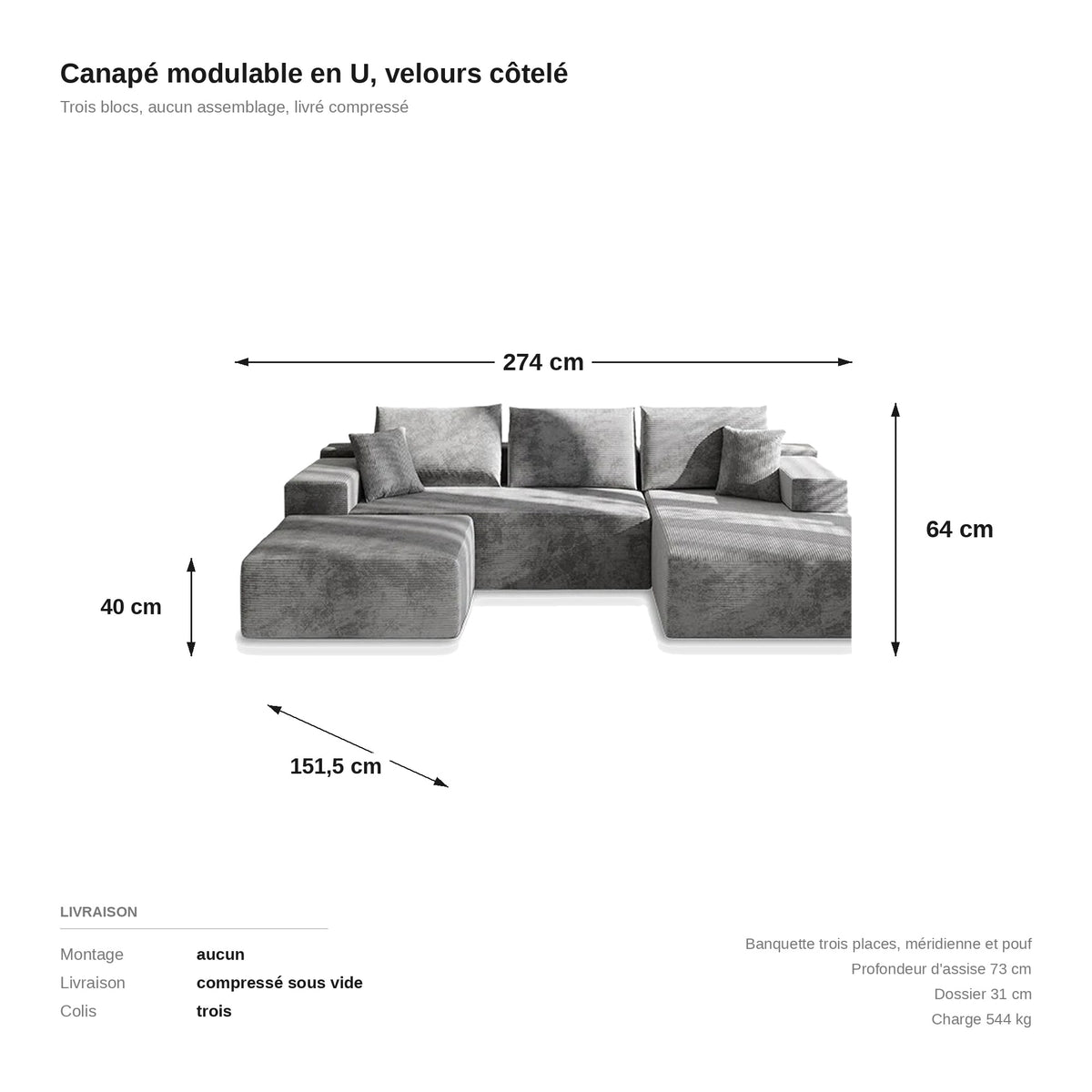 Canapé en U modulable en velours côtelé gris, collection Nimbo, dimensions
