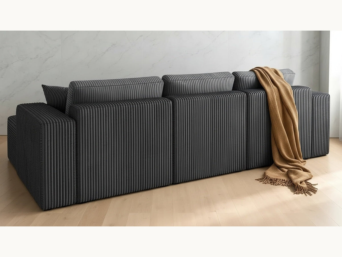 Canapé d'angle modulable en L en velours côtelé anthracite, collection Nimbo, en situation, trois quarts arrière