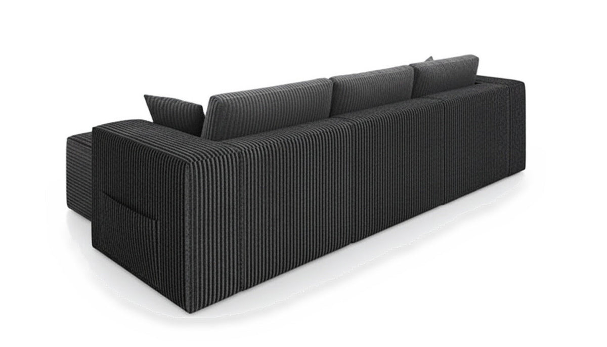 Canapé d'angle modulable en L en velours côtelé anthracite, collection Nimbo, fond blanc, trois quarts arrière