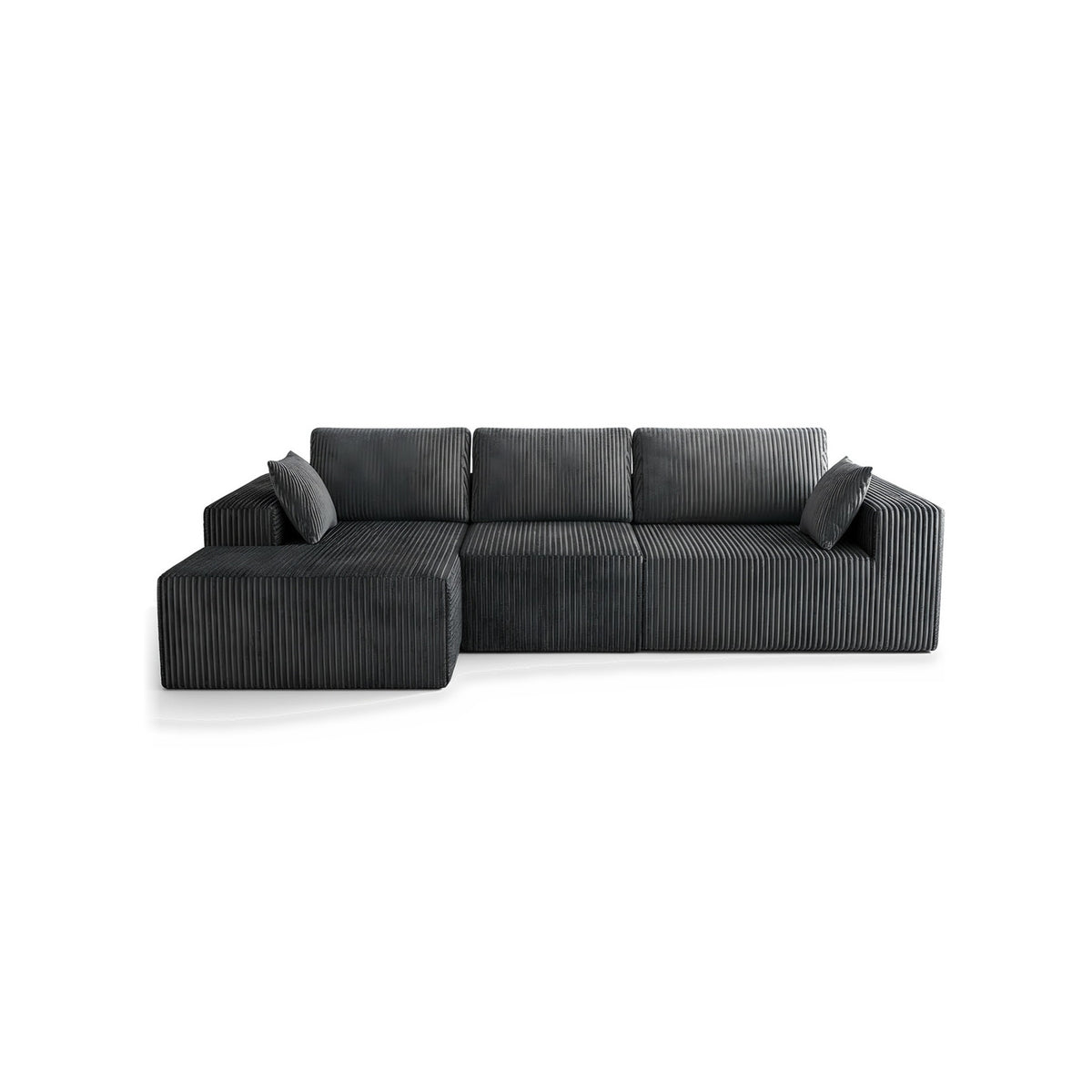 Canapé d'angle modulable en L en velours côtelé anthracite, collection Nimbo, fond blanc, de face