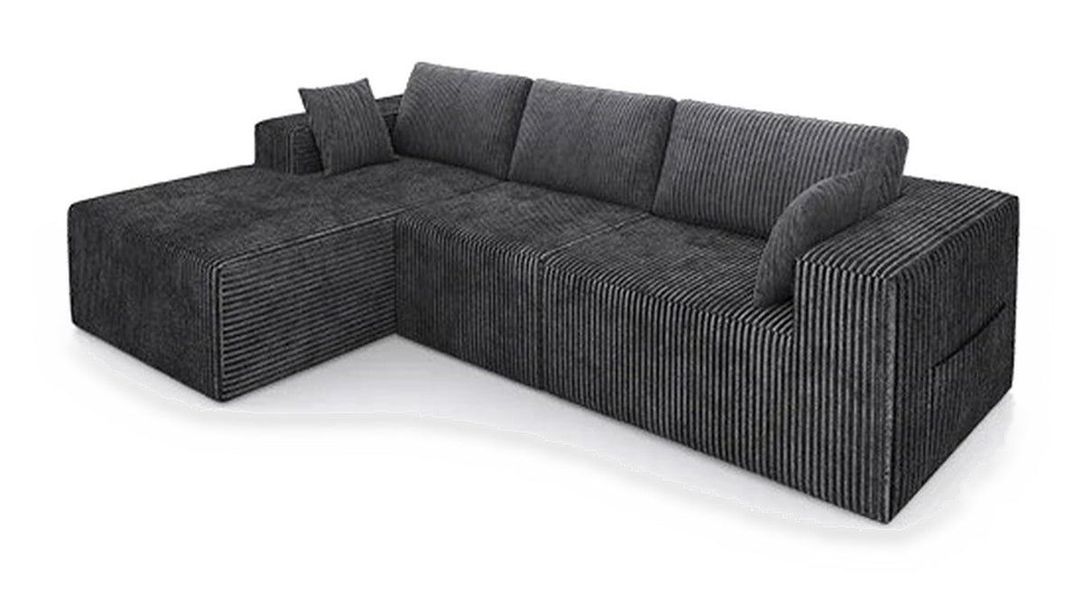 Canapé d'angle modulable en L en velours côtelé anthracite, collection Nimbo, fond blanc, trois quarts avant
