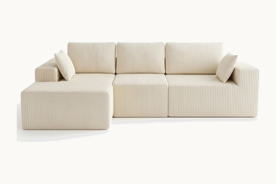 Pastille canapé d'angle modulable en L en velours côtelé, coloris crème