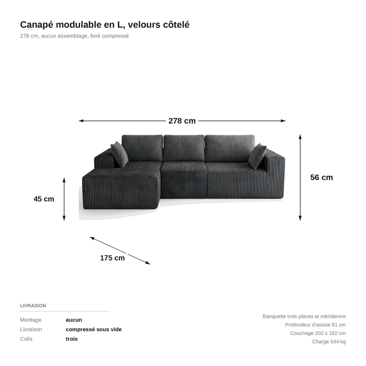 Canapé d'angle modulable en L en velours côtelé anthracite, collection Nimbo, dimensions