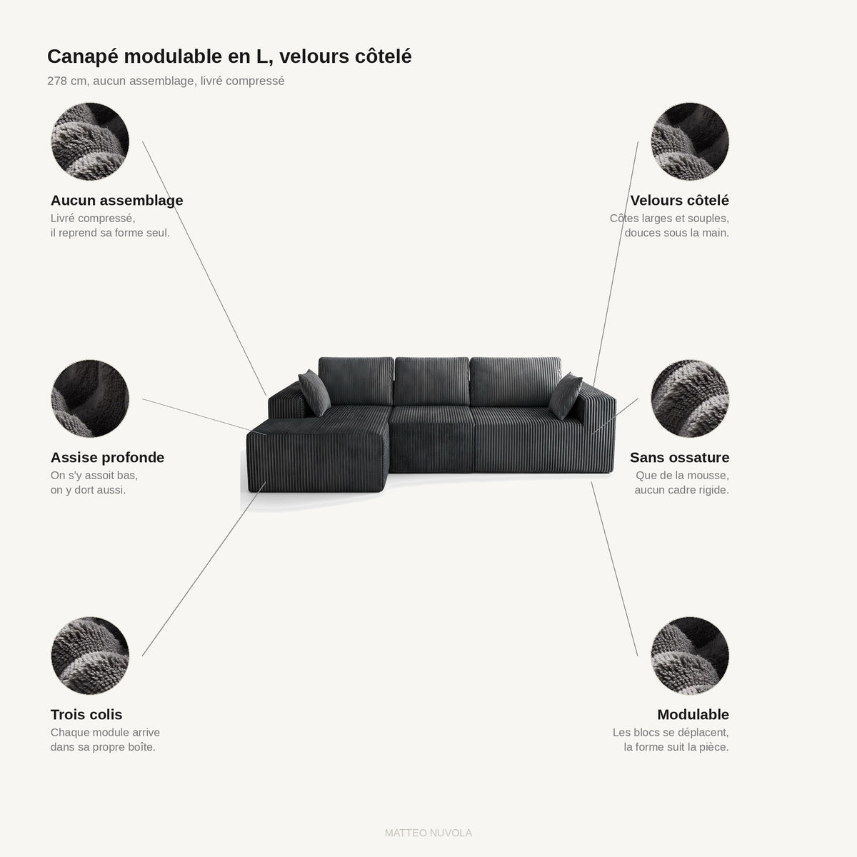 Canapé d'angle modulable en L en velours côtelé anthracite, collection Nimbo, points forts
