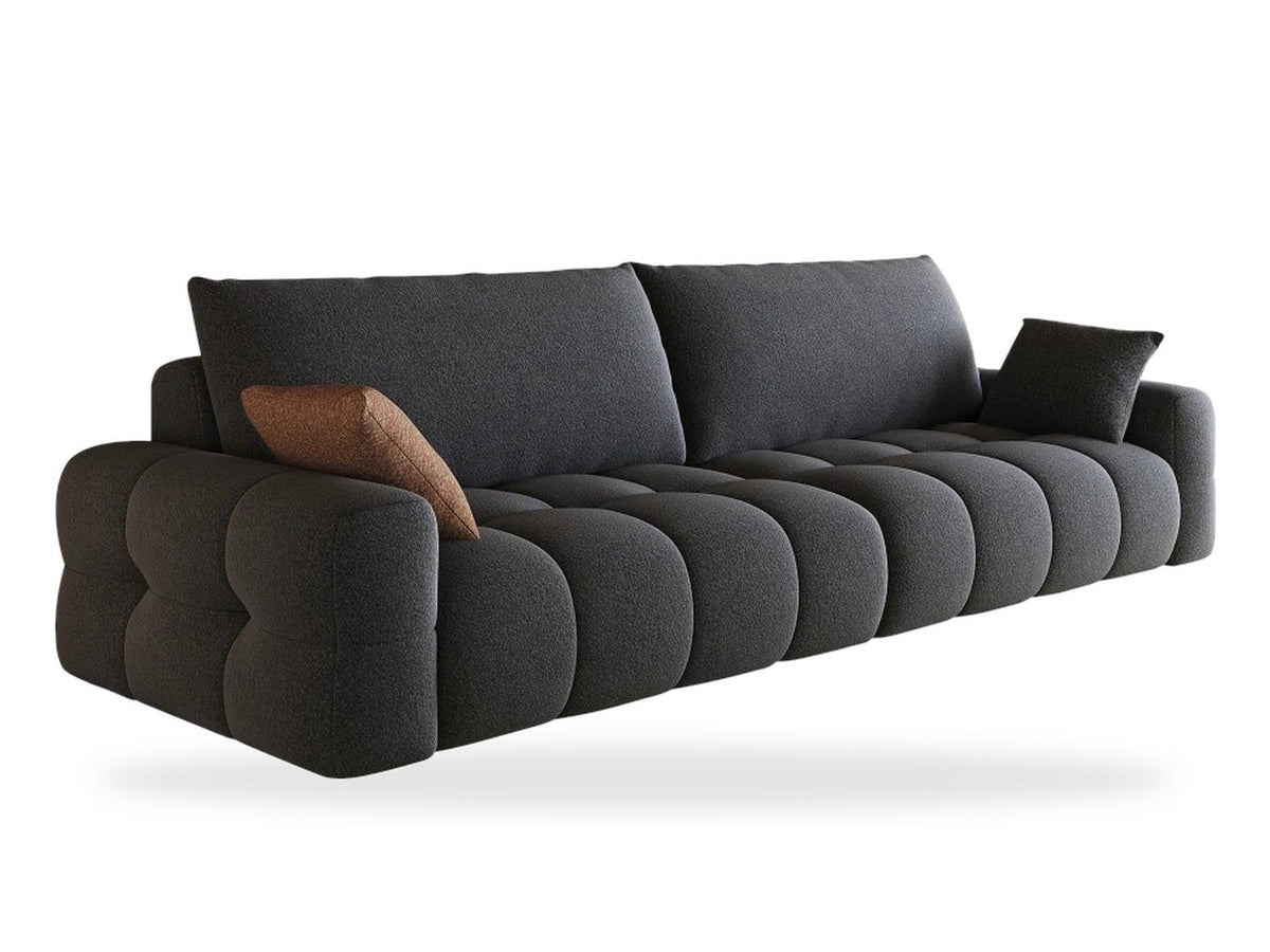 Grand canapé bouclette 3 places anthracite, collection Cumulo, de trois quarts avant, sur fond blanc
