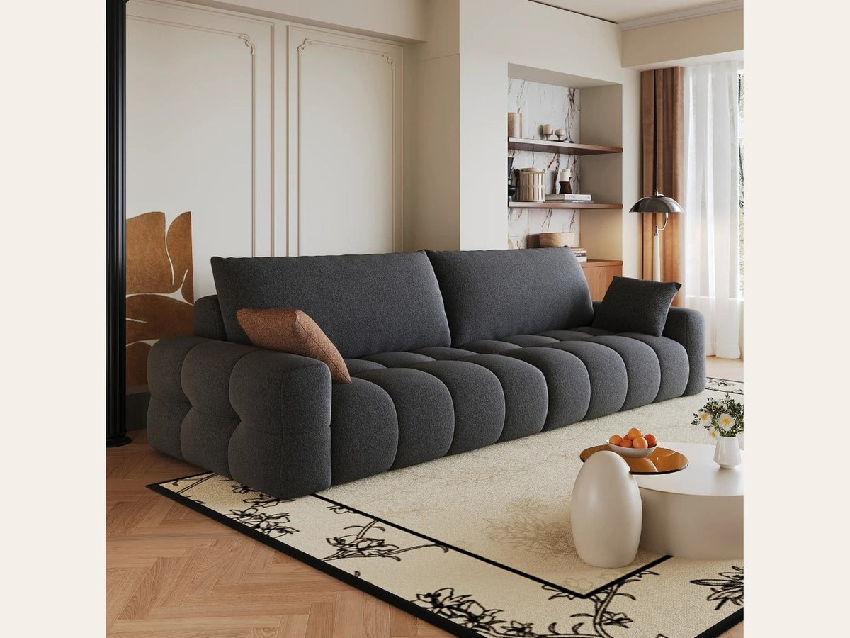 Grand canapé bouclette 3 places anthracite, collection Cumulo, en situation dans un salon