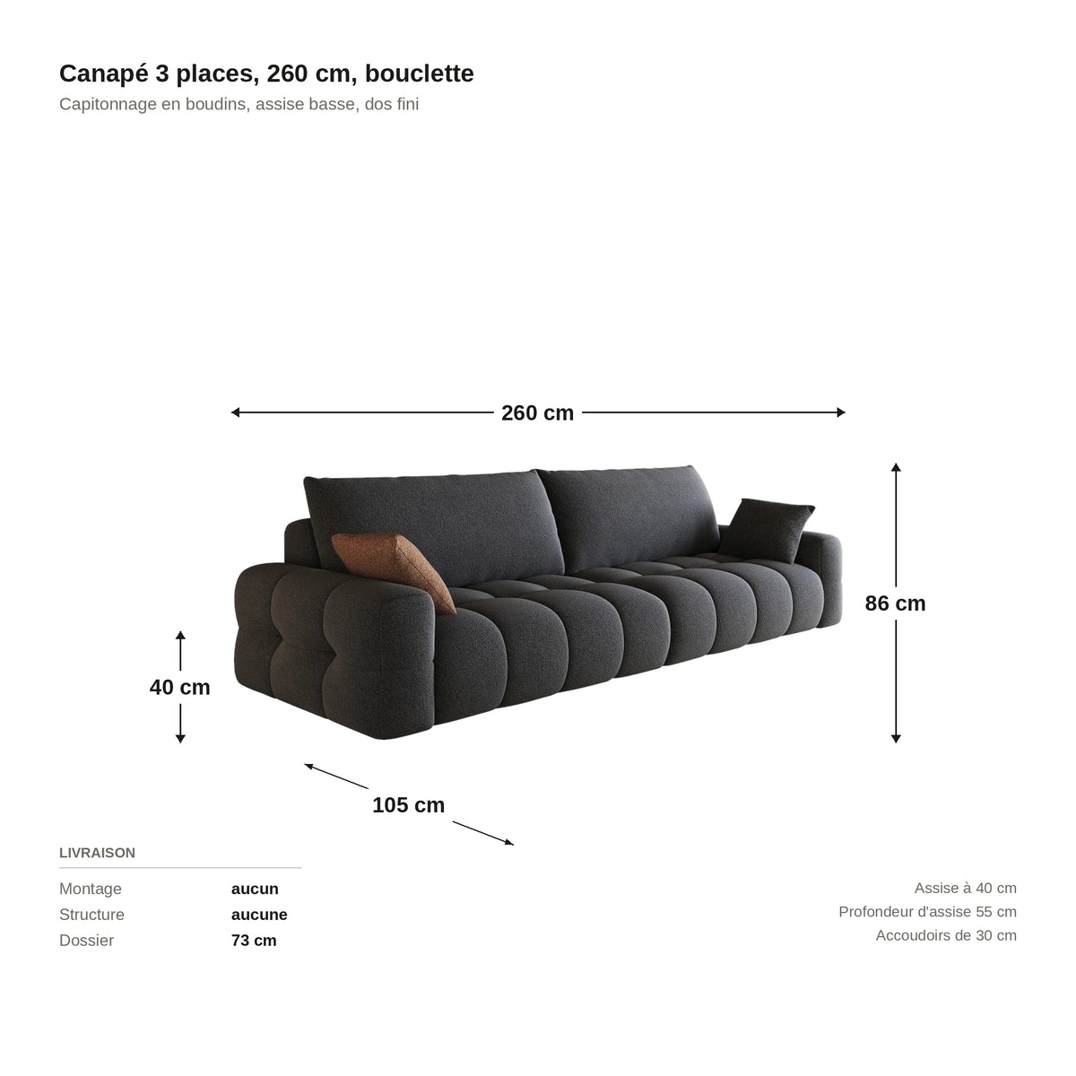 Grand canapé bouclette 3 places anthracite, collection Cumulo, planche des dimensions