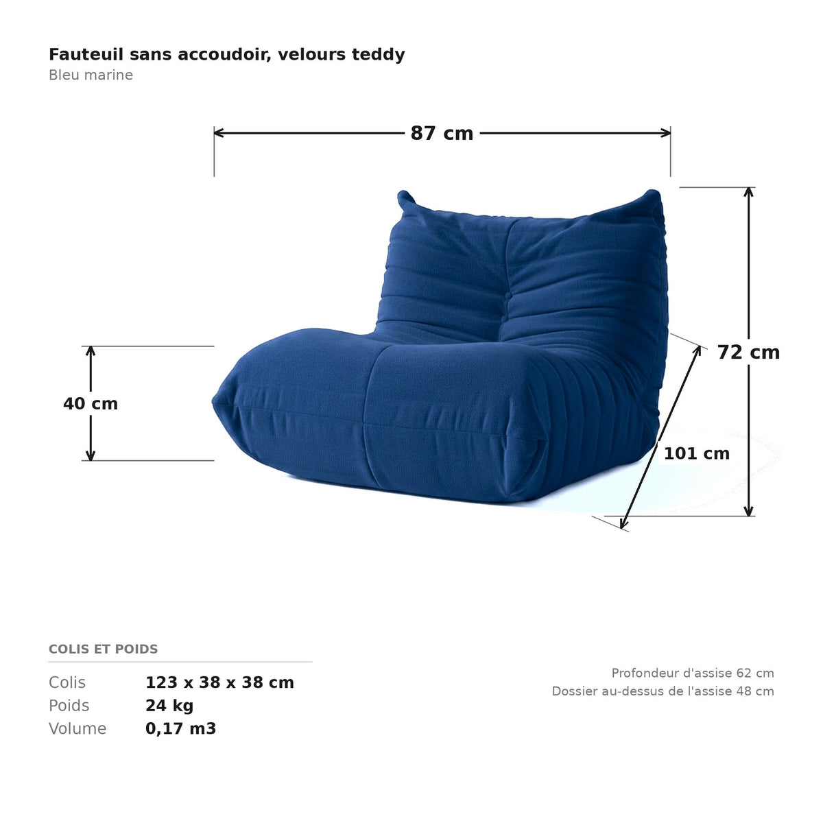Fauteuil sans accoudoir, cotes et dimensions du colis, velours teddy bleu marine
