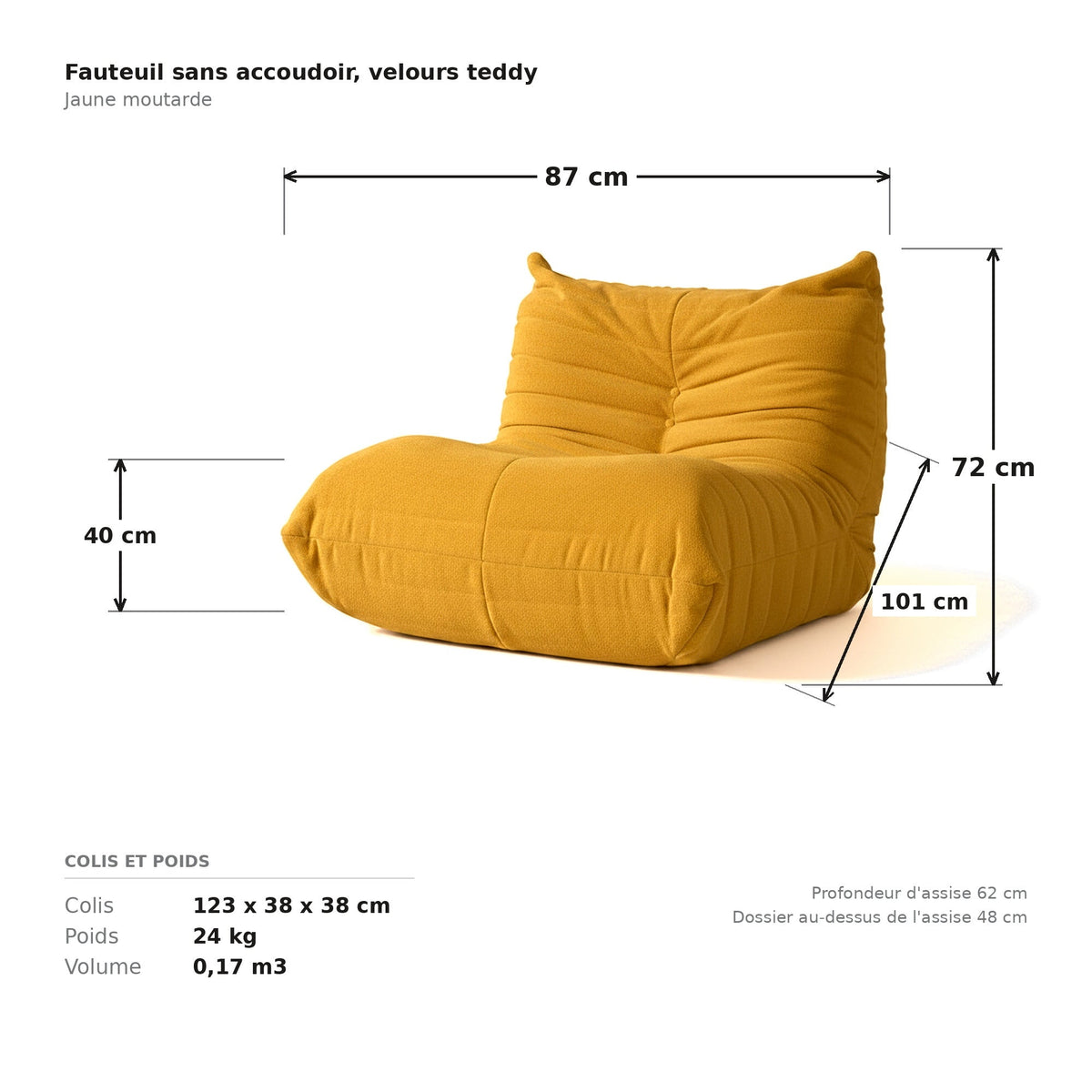 Fauteuil sans accoudoir, cotes et dimensions du colis, velours teddy jaune moutarde