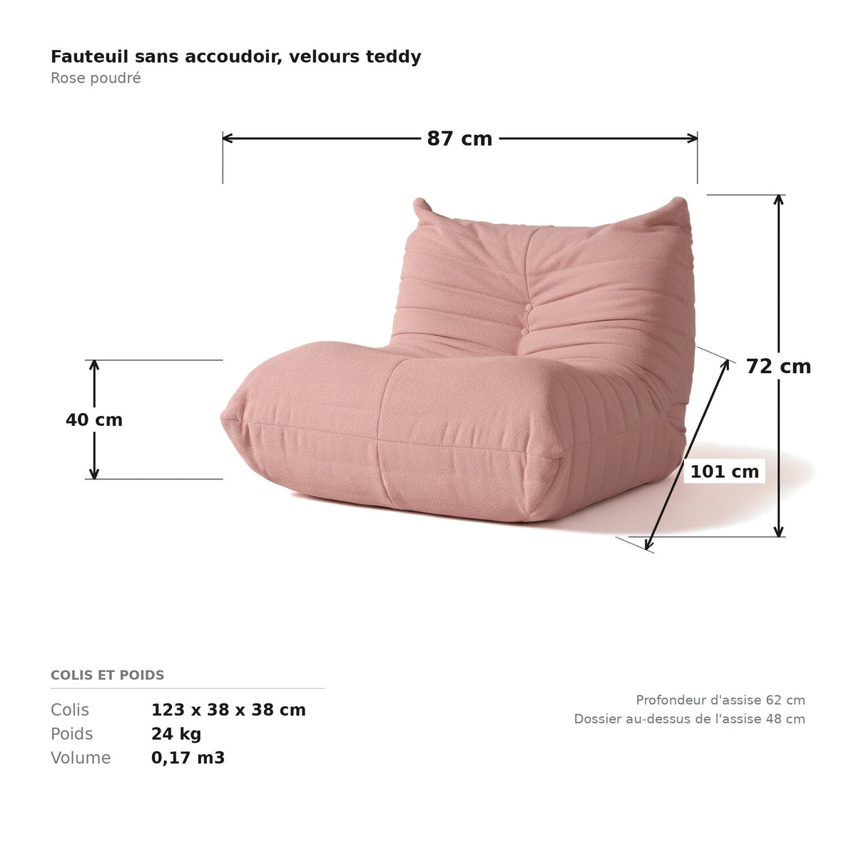 Fauteuil sans accoudoir, cotes et dimensions du colis, velours teddy rose poudré