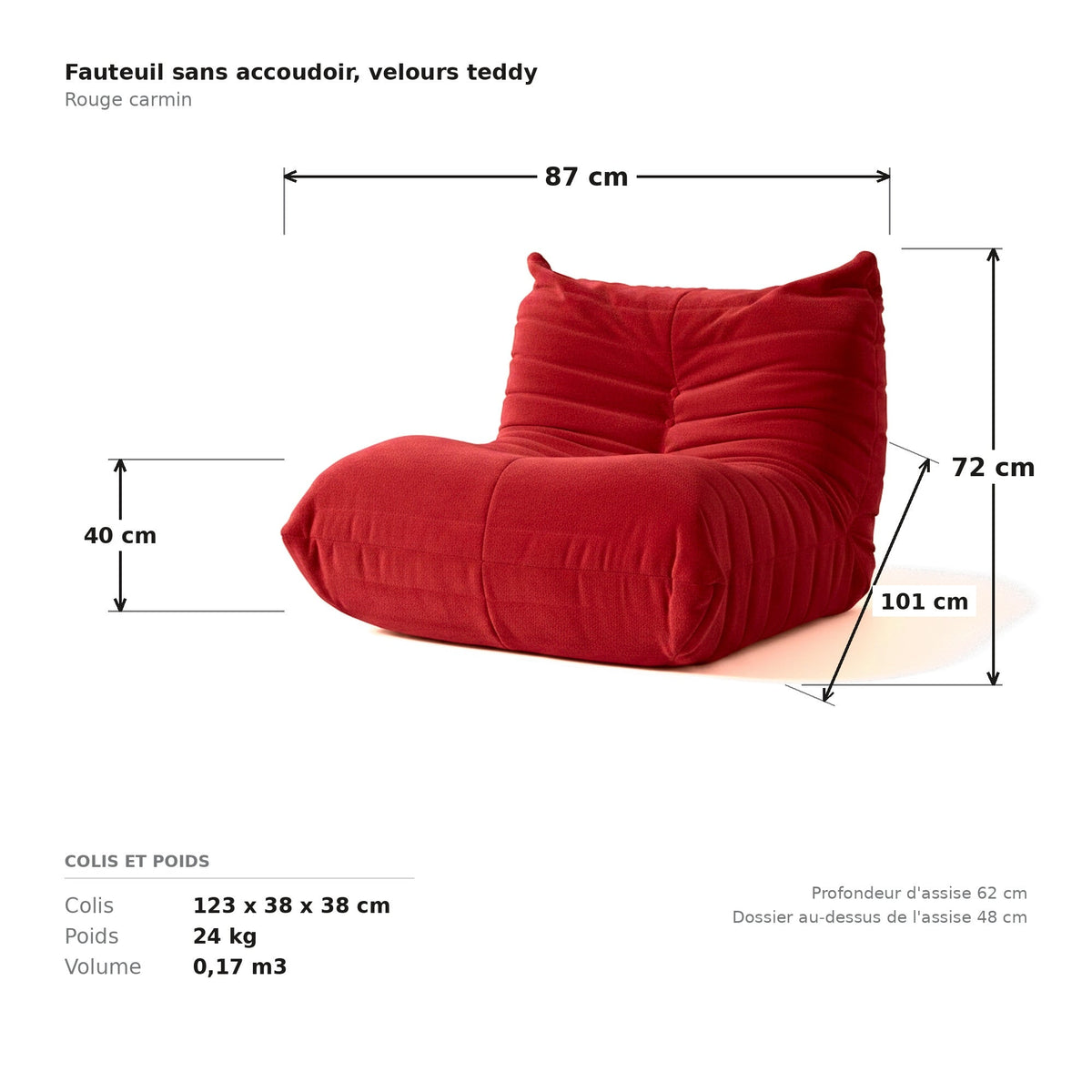 Fauteuil sans accoudoir, cotes et dimensions du colis, velours teddy rouge carmin