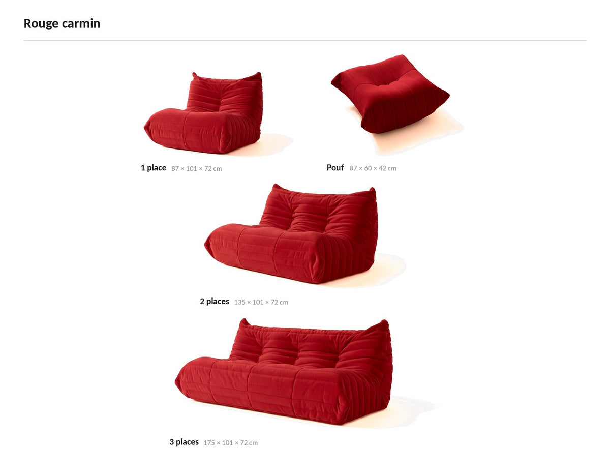 Fauteuil bas modulable, les quatre tailles de la gamme en velours teddy rouge carmin