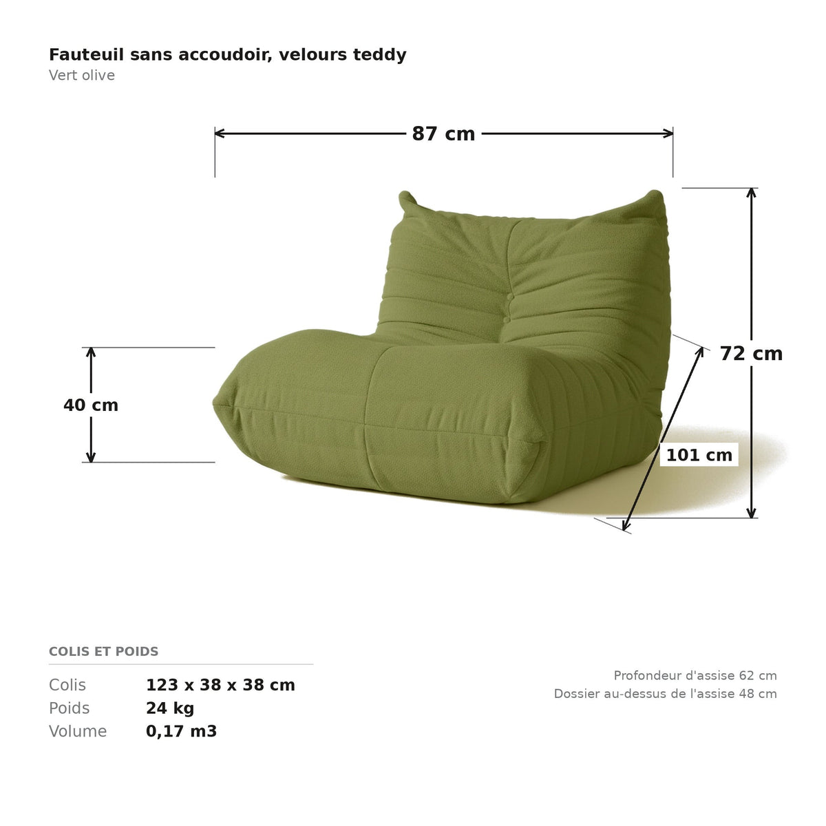 Fauteuil sans accoudoir, cotes et dimensions du colis, velours teddy vert olive
