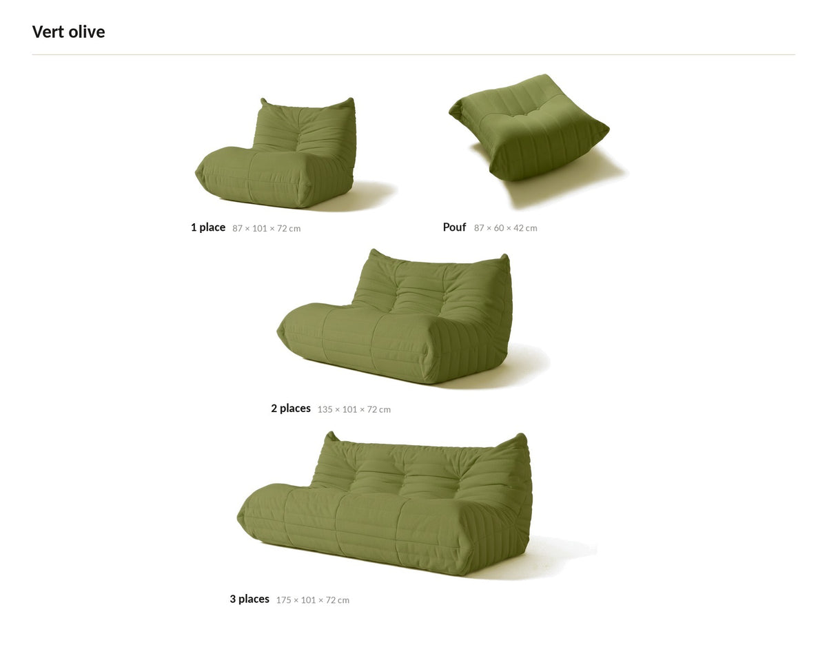 Fauteuil bas modulable, les quatre tailles de la gamme en velours teddy vert olive