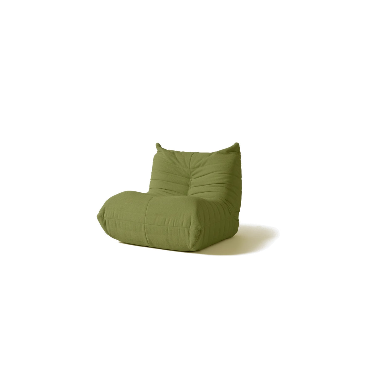 Fauteuil bas modulable, velours teddy vert olive, vue de trois quarts avant