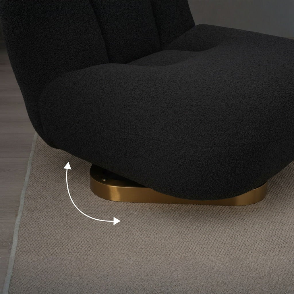 Fauteuil nuage pivotant 360 en tissu bouclette noir charbon, gros plan sur le socle pivotant doré