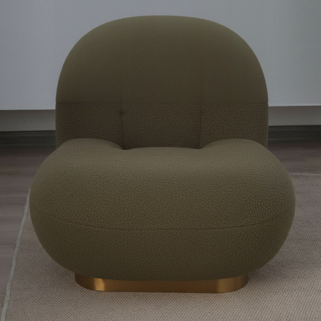 Fauteuil nuage pivotant 360 en tissu bouclette vert kaki, vue rapprochée de l'assise et du socle doré