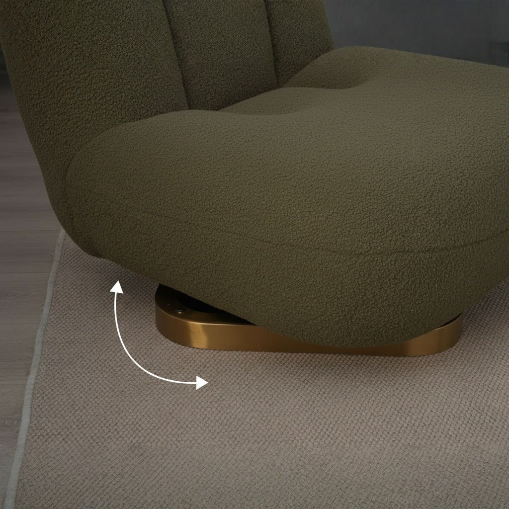 Fauteuil nuage pivotant 360 en tissu bouclette vert kaki, gros plan sur le socle pivotant doré