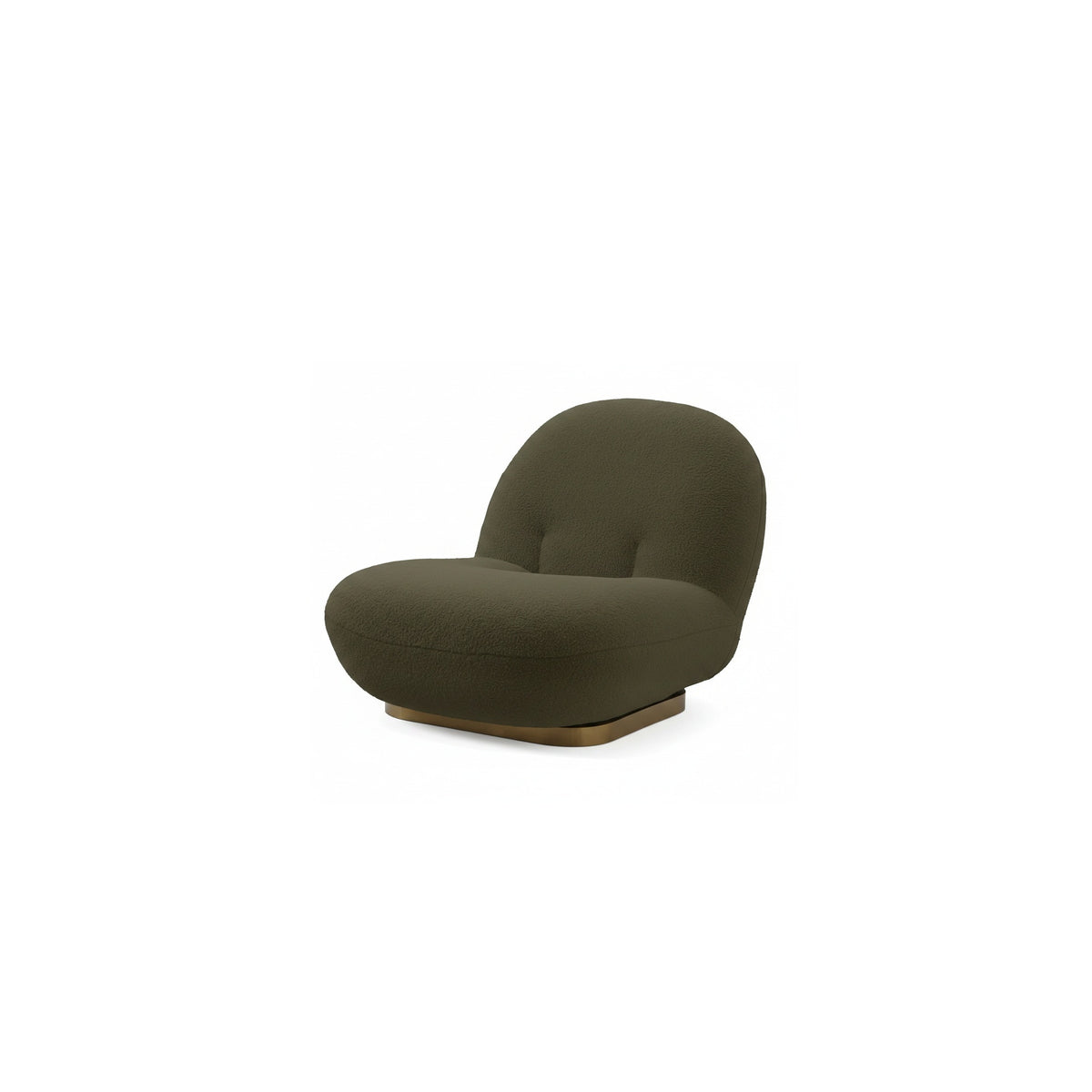 Fauteuil nuage pivotant 360 en tissu bouclette vert kaki, vue de trois quarts avant
