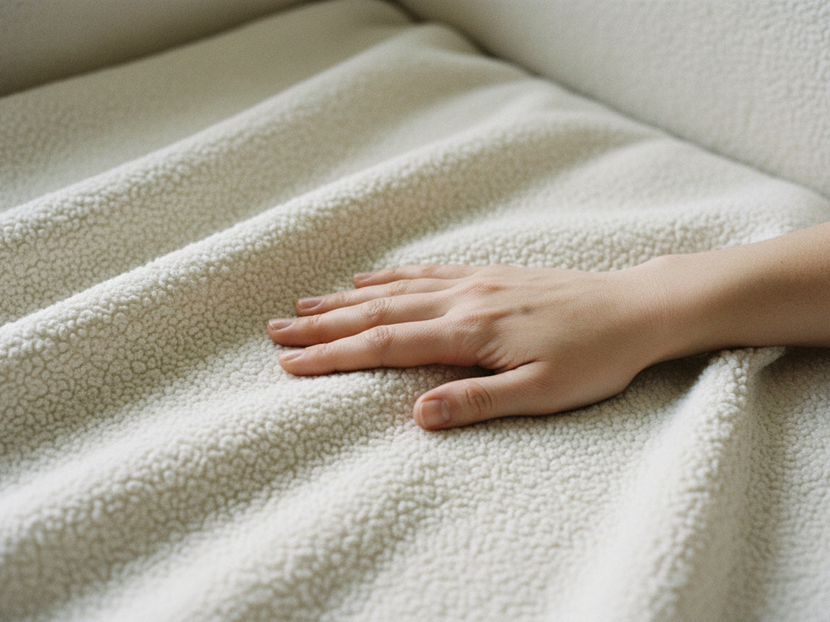 Une main posée sur un canapé en tissu bouclé blanc écru