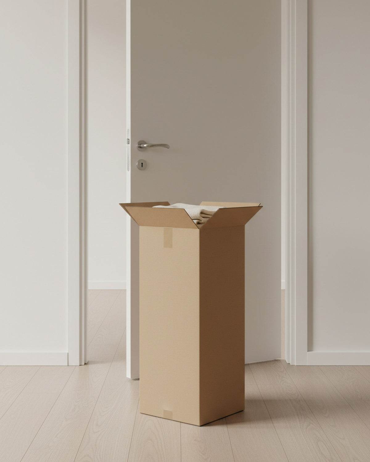 Carton de canapé debout dans une entrée, à côté d'une porte ouverte