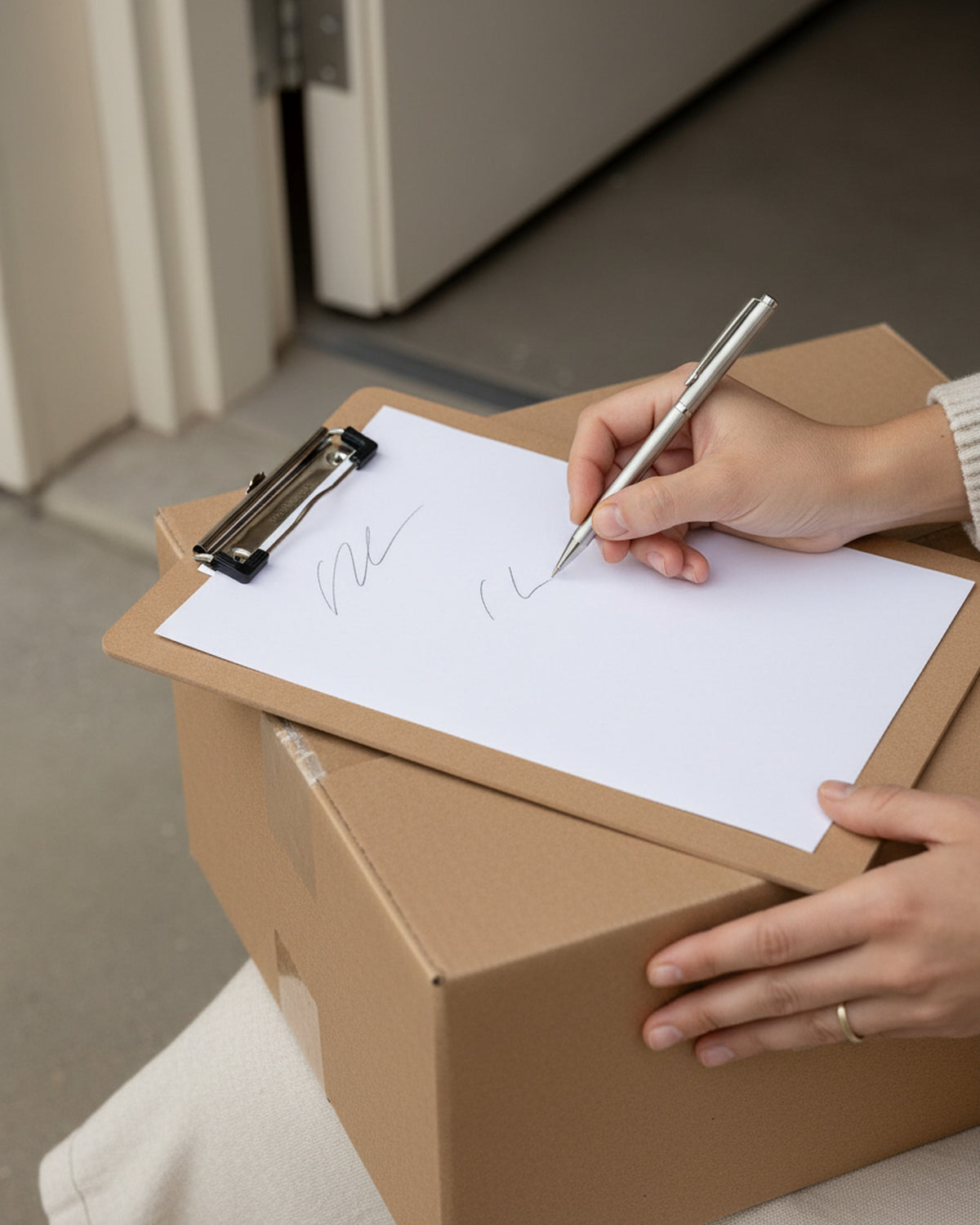 Deux mains signent un bon de livraison posé sur le carton