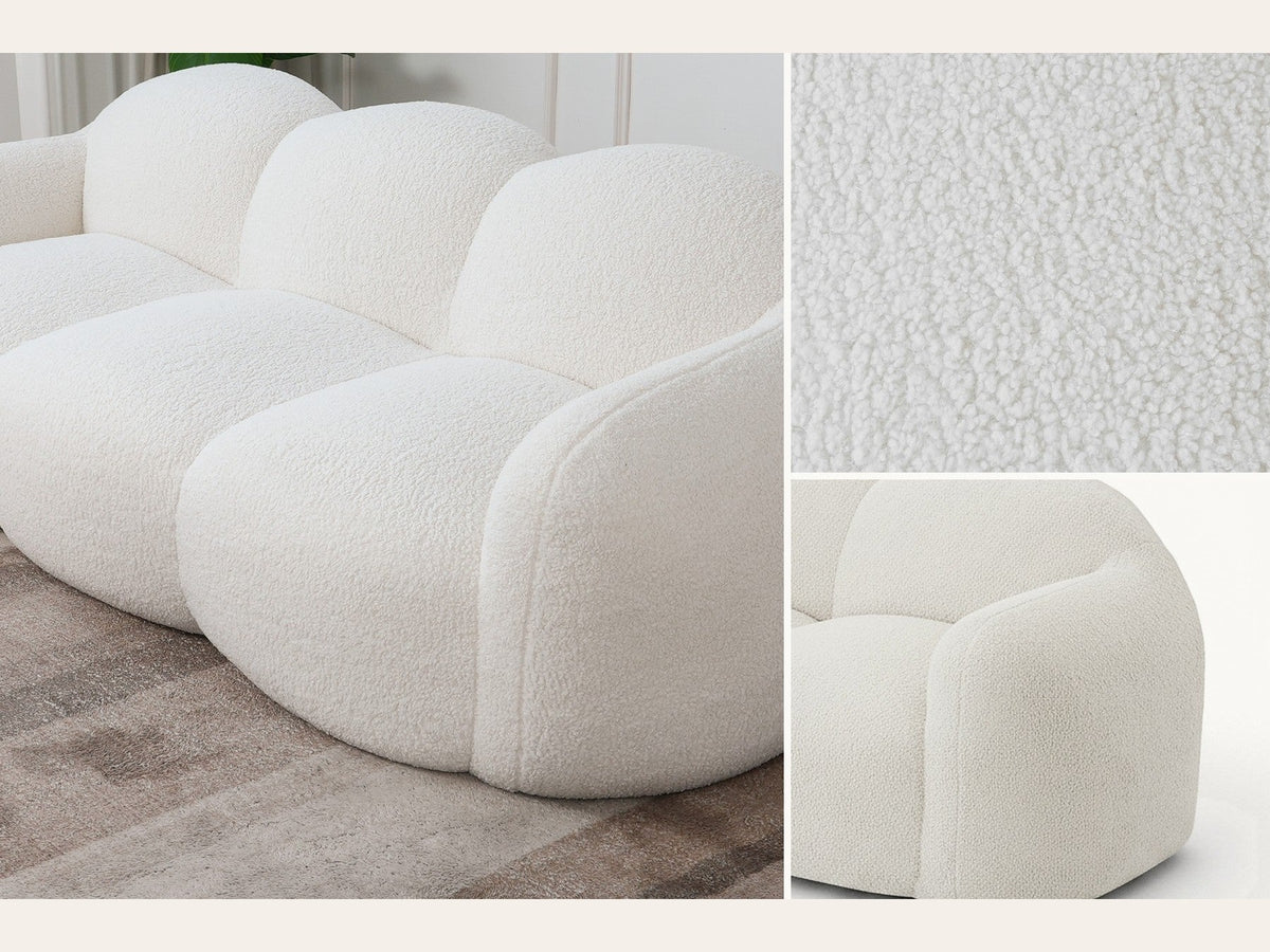 Canapé nuage 3 places avec accoudoirs, gros plan sur le tissu bouclé blanc écru
