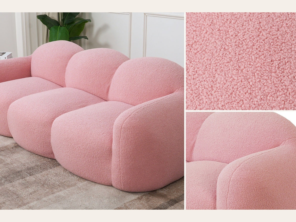 Canapé nuage 3 places avec accoudoirs, gros plan sur le tissu bouclé rose poudré