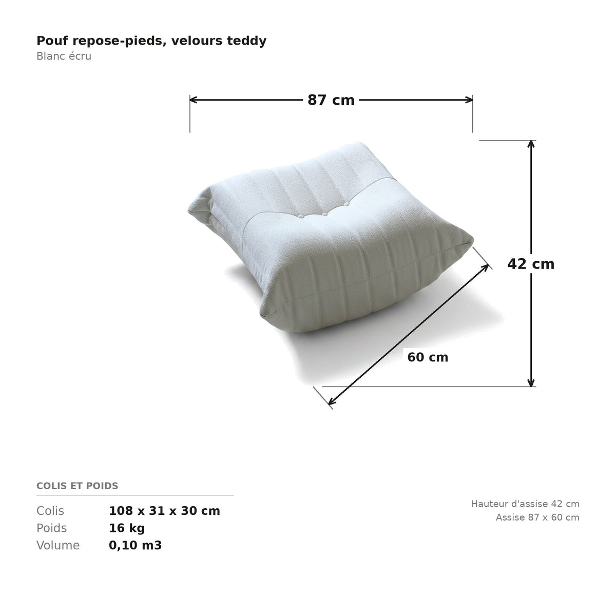 Pouf repose-pieds, cotes et dimensions du colis, velours teddy blanc écru