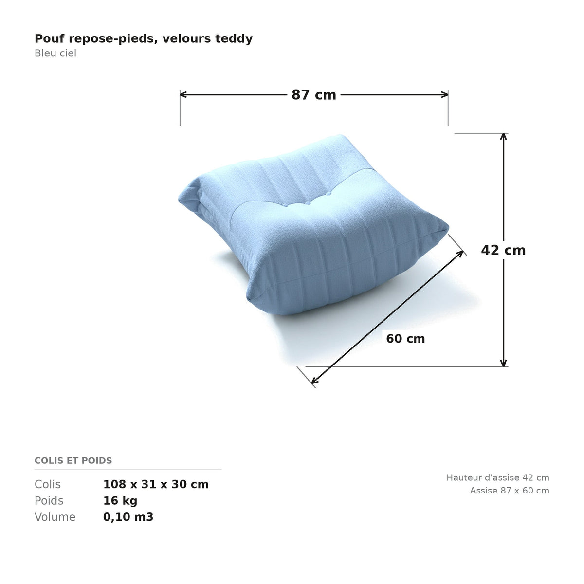 Pouf repose-pieds, cotes et dimensions du colis, velours teddy bleu ciel