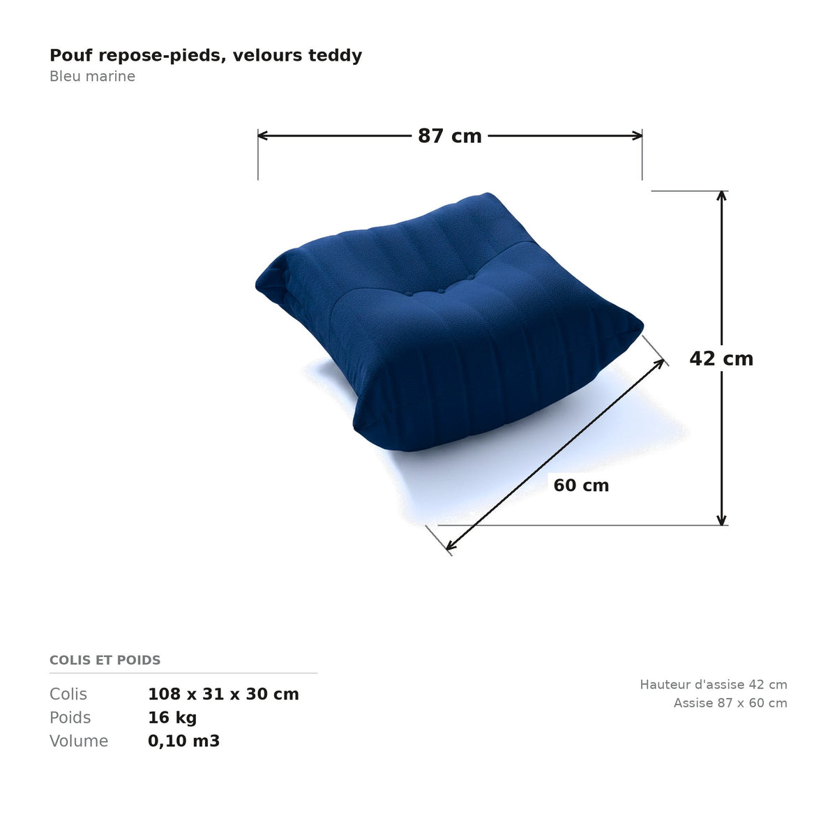 Pouf repose-pieds, cotes et dimensions du colis, velours teddy bleu marine