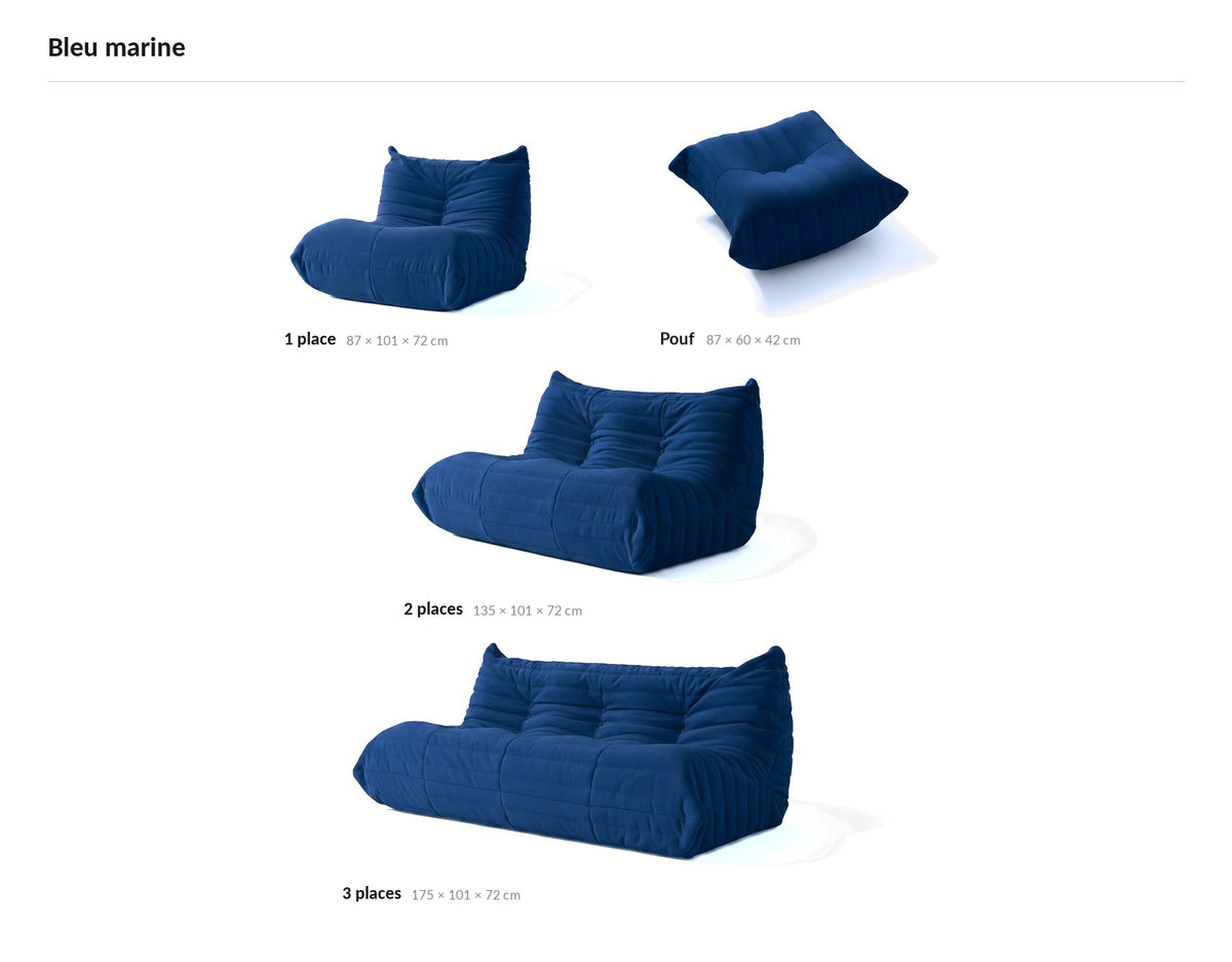Pouf repose-pieds bas, les quatre tailles de la gamme en velours teddy bleu marine