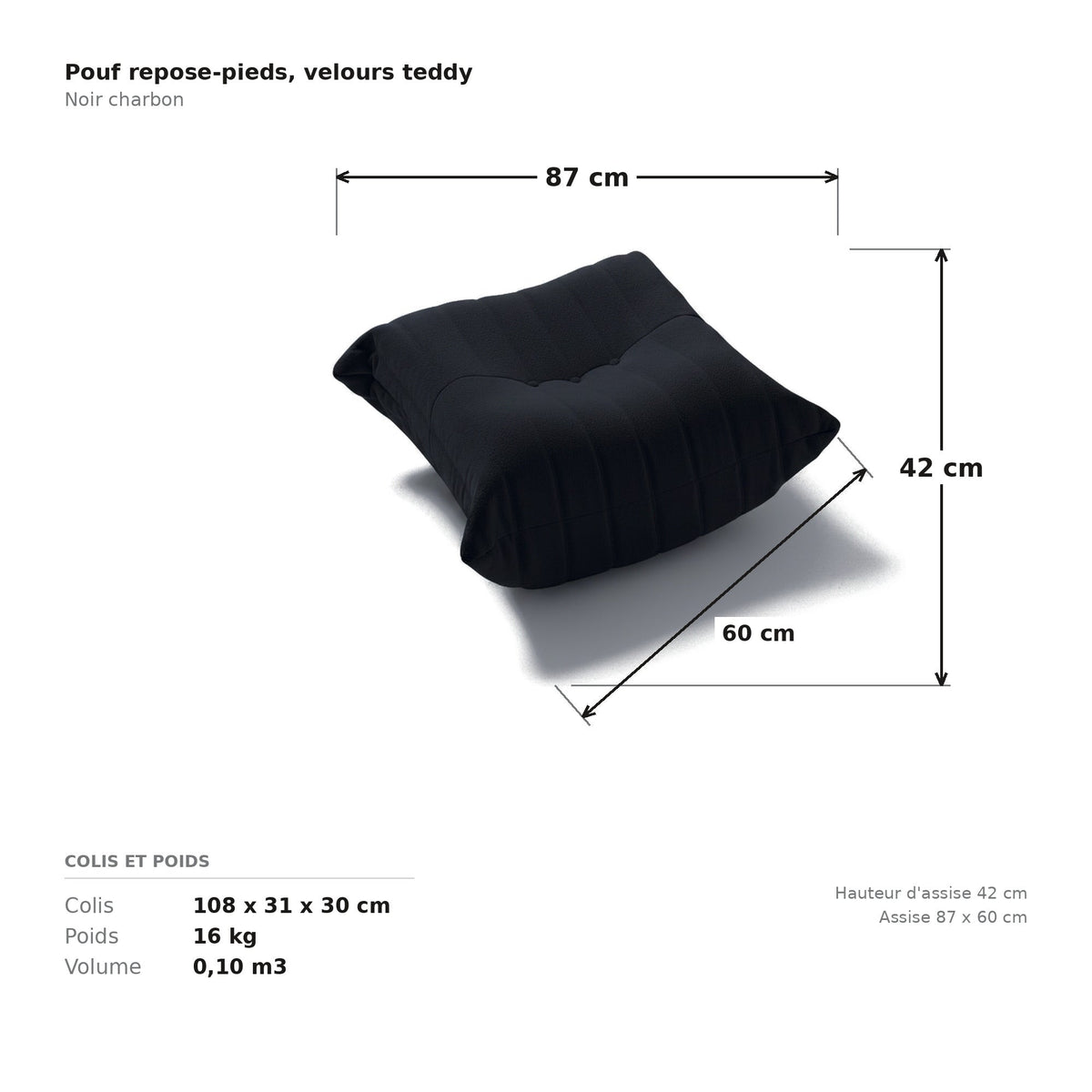 Pouf repose-pieds, cotes et dimensions du colis, velours teddy noir charbon