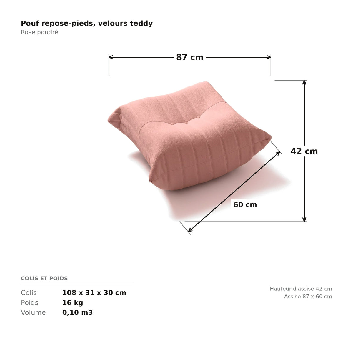 Pouf repose-pieds, cotes et dimensions du colis, velours teddy rose poudré