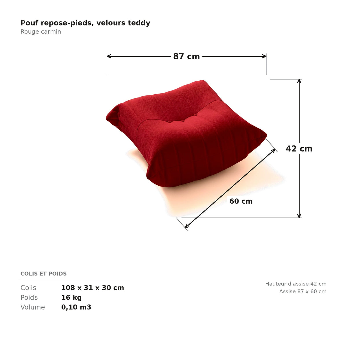 Pouf repose-pieds, cotes et dimensions du colis, velours teddy rouge carmin