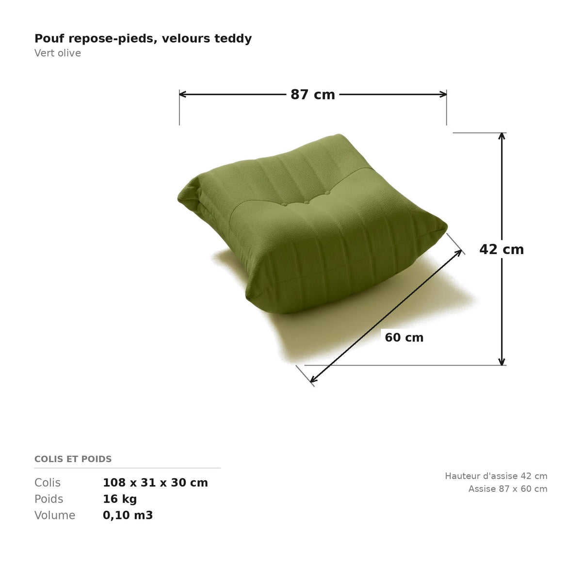 Pouf repose-pieds, cotes et dimensions du colis, velours teddy vert olive