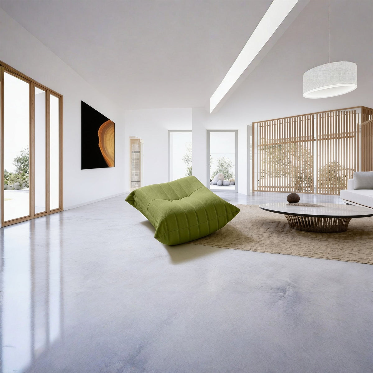 Pouf repose-pieds bas, velours teddy vert olive, en situation dans un intérieur