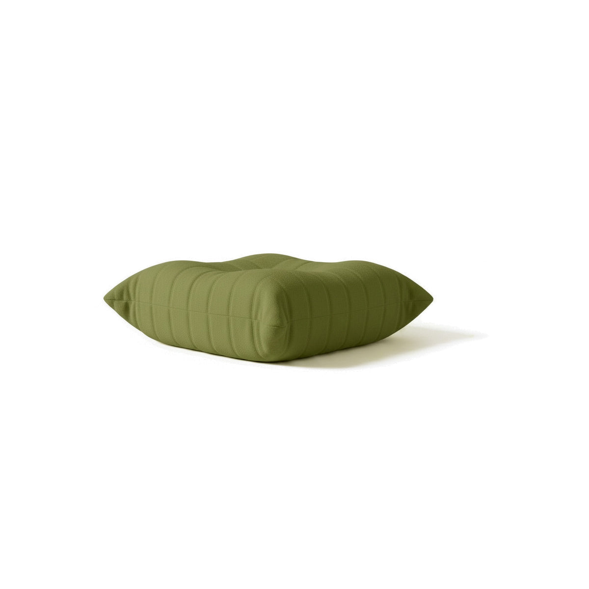 Pouf repose-pieds bas, velours teddy vert olive, vue de trois quarts arrière