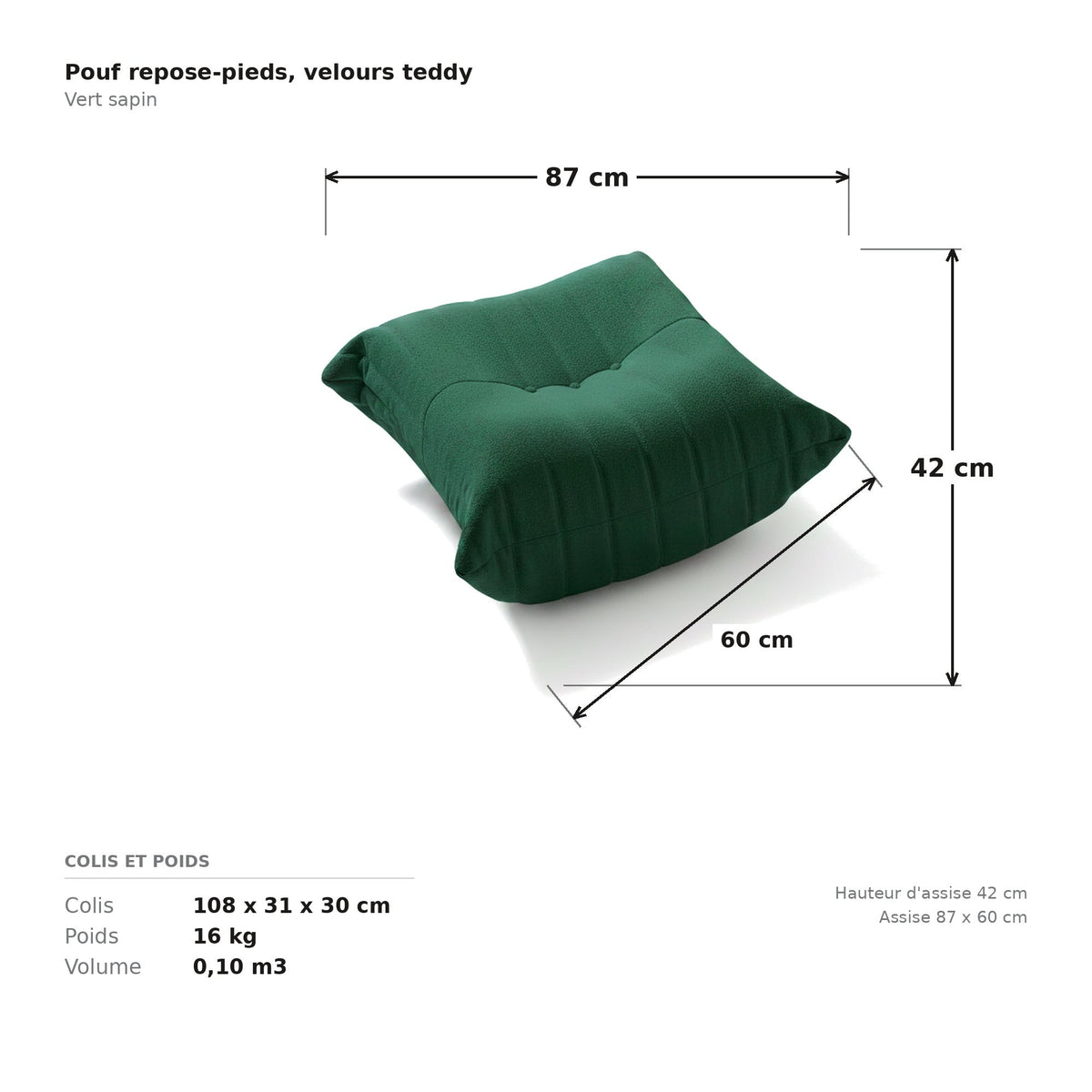 Pouf repose-pieds, cotes et dimensions du colis, velours teddy vert sapin