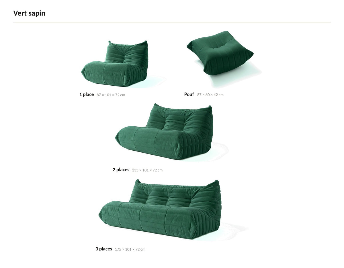 Pouf repose-pieds bas, les quatre tailles de la gamme en velours teddy vert sapin