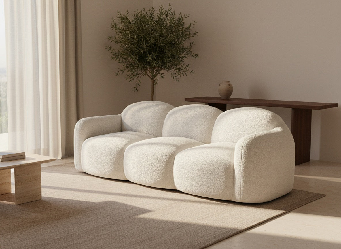 Canapé nuage 3 places avec accoudoirs en bouclette blanc écru dans le salon d'un hôtel