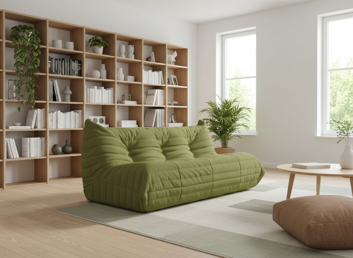 Canapé de sol 3 places en velours teddy vert olive dans le séjour commun d'une résidence