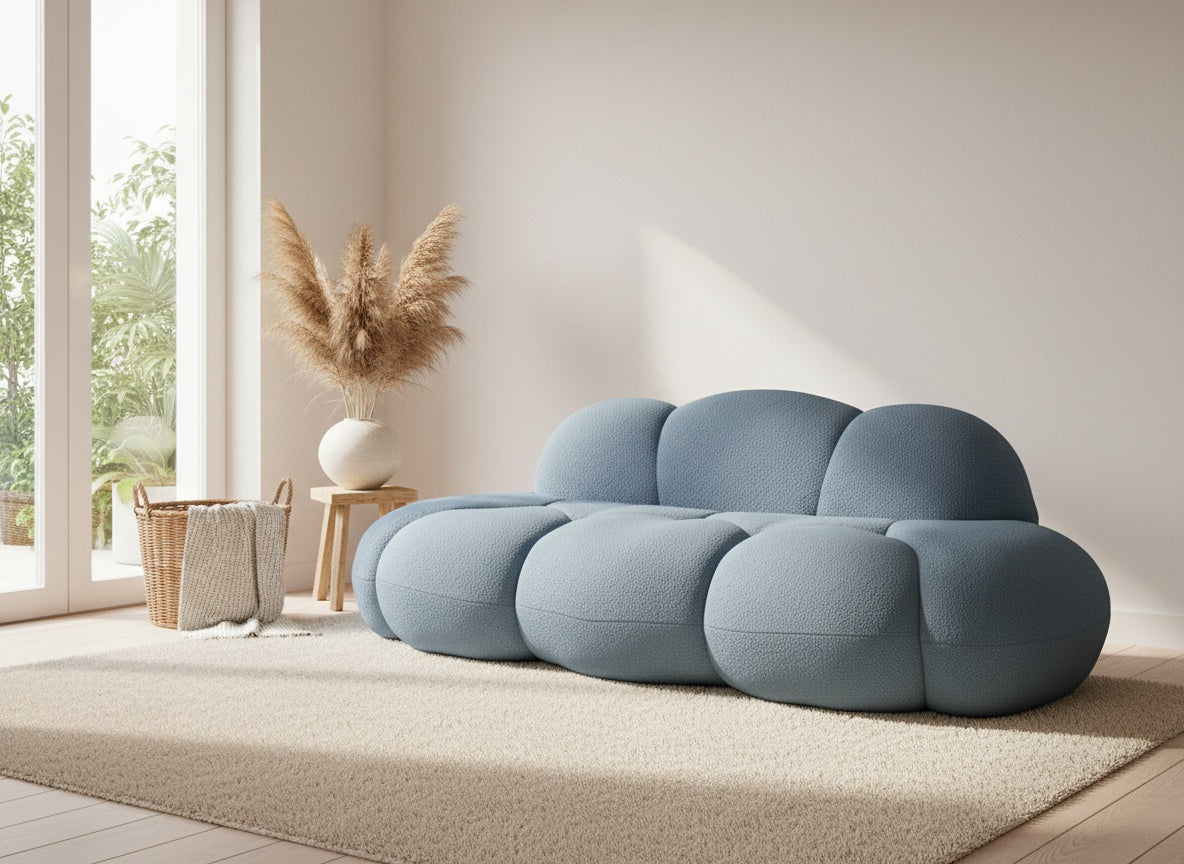 Canapé nuage 3 places sans accoudoir en bouclette bleu azur dans une location saisonnière
